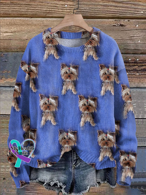 Cute Dog Print Knit Pullover Sweater Blue / S