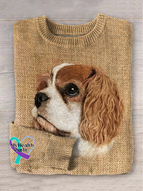 Cute Felt Dog Art Print Knit Pullover Sweater Multicolor / S