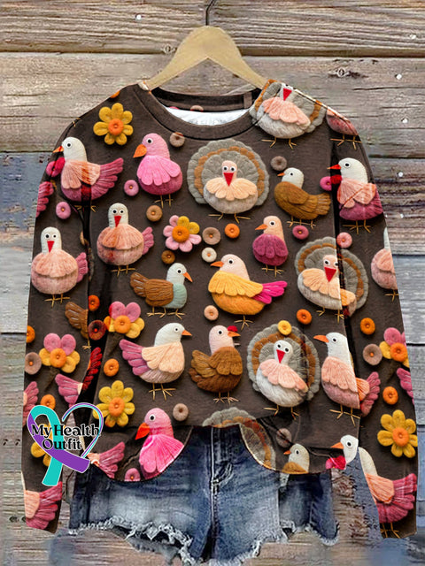 Cute Felt Turkeys Seamless Pattern Print Casual Sweatshirt Multicolor / S