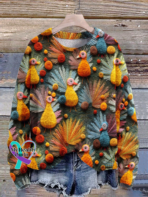 Cute Felt Turkeys Seamless Pattern Print Knit Pullover Sweater Multicolor / S
