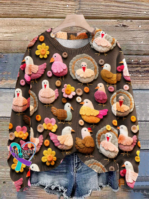 Cute Felt Turkeys Seamless Pattern Print Knit Pullover Sweater Multicolor / S