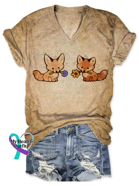 Cute Fox Art Women’s V-neck Casual T-Shirt Multicolor / S