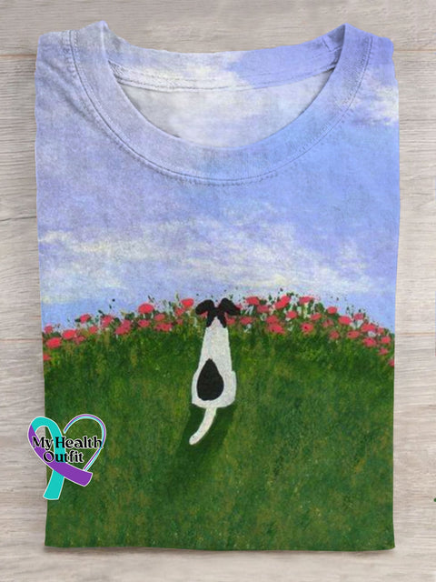 Cute Healing Art Dog Print Casual T-Shirt Multicolor / S