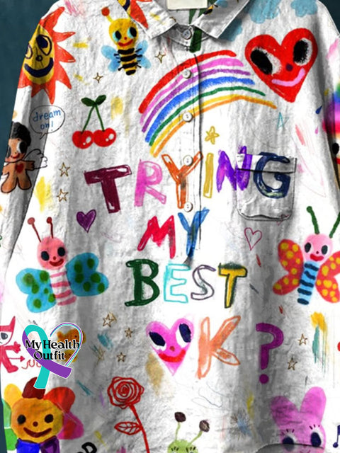 Cute Kid Drawing Art Printed Women’s Casual Cotton And Linen Shirt