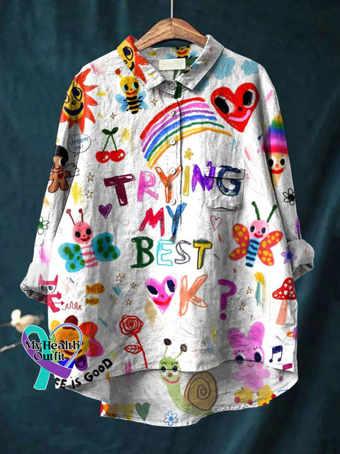 Cute Kid Drawing Art Printed Women’s Casual Cotton And Linen Shirt Multicolor / S
