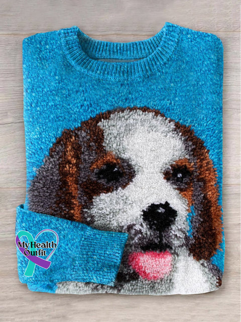 Cute Plush Dog Art Print Knit Pullover Sweater Multicolor / S