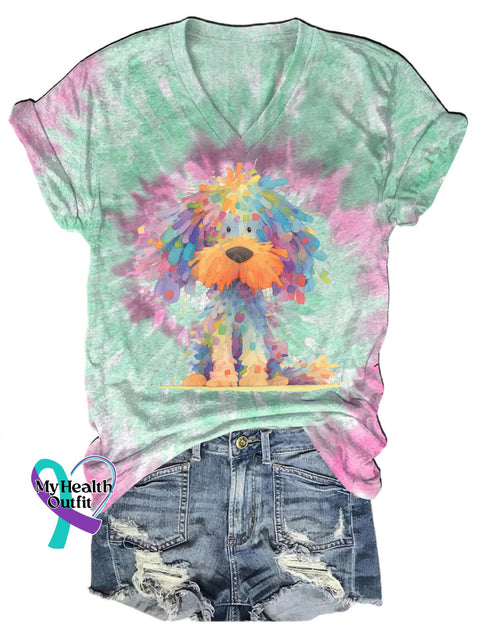 Cute Puppy Tie-Dye Print Casual V-Neck Short Sleeve Multicolor / S