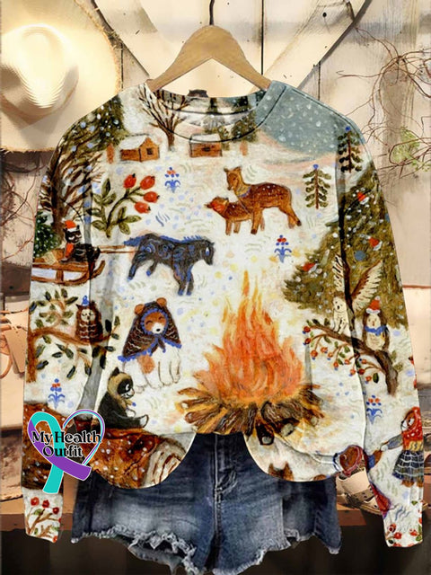 Cute Snow Scene Christmas Animals Bonfire Casual Print Sweatshirt Multicolor / S