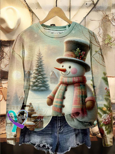 Cute Snowman Christmas Tree Print Casual Sweatshirt Multicolor / S