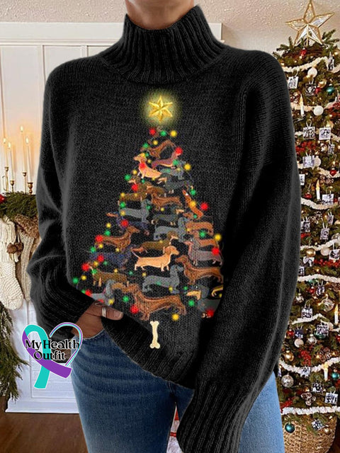 Dachshund Glitter Christmas Tree Print Knit Turtleneck Pullover Sweater Multicolor / S