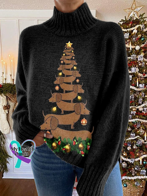 Dachshund Glitter Christmas Tree Print Knit Turtleneck Pullover Sweater Multicolor / S
