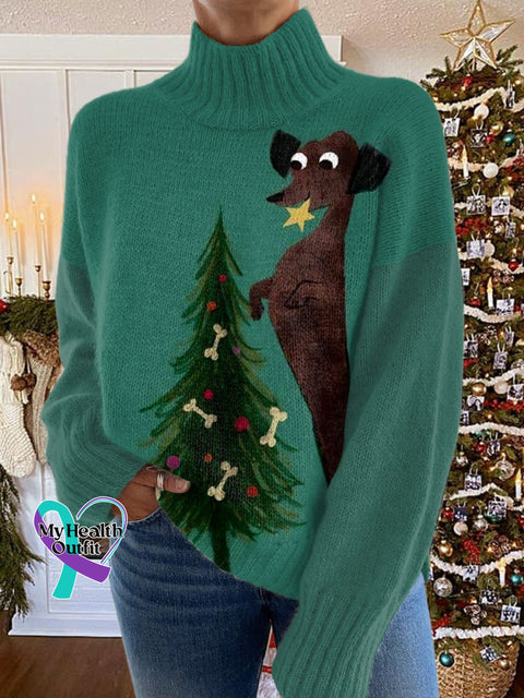 Dachshund Glitter Christmas Tree Print Knit Turtleneck Pullover Sweater Multicolor / S