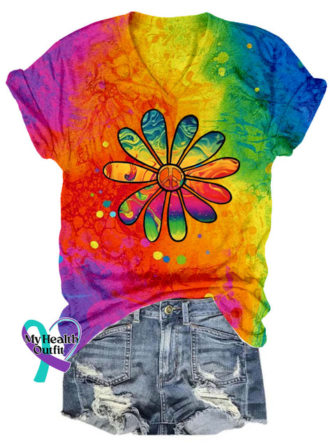 Daisy Peace Colored V Neck T-Shirt Multicolor / S T-Shirt