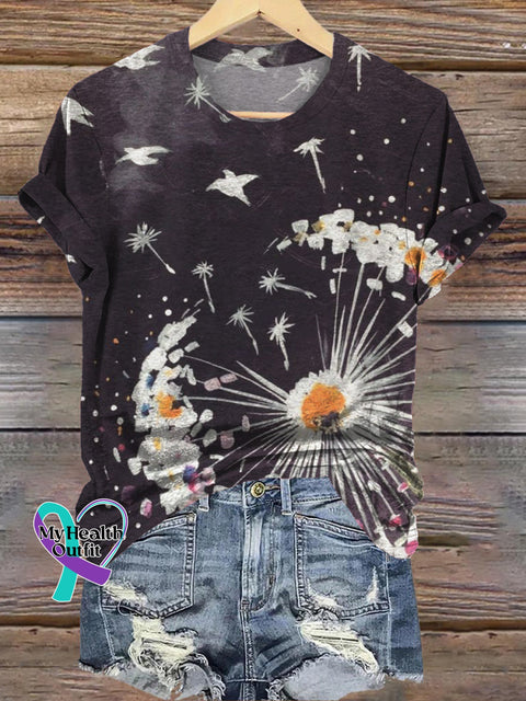 Dandelion and Peace Dove Print Casual Round Neck Short Sleeve T-Shirt Multicolor / S
