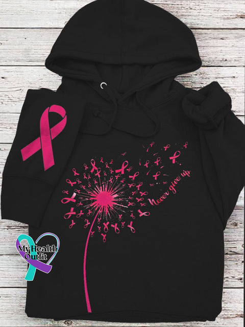Dandelion Breast Cancer Never Giver Up Pink Ribbon Hoodie Black / S