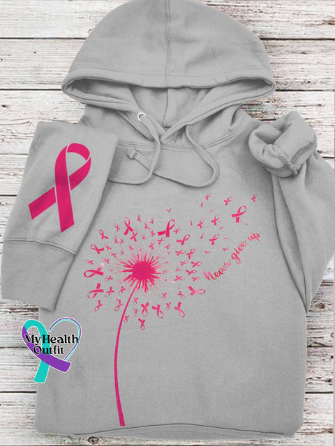 Dandelion Breast Cancer Never Giver Up Pink Ribbon Hoodie Grey / S