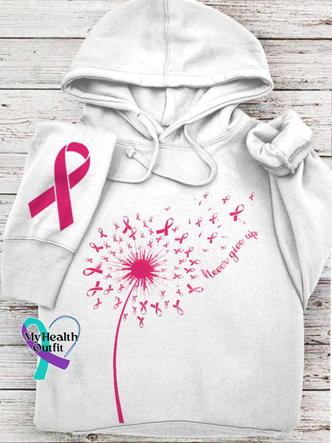 Dandelion Breast Cancer Never Giver Up Pink Ribbon Hoodie White / S
