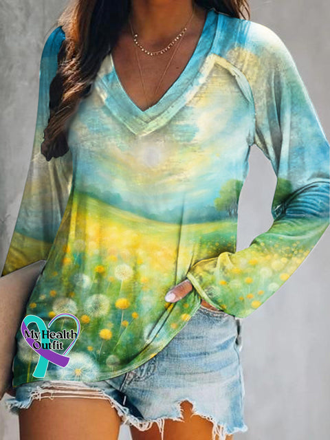 Dandelion Nature Scene Print Casual V-Neck Long Sleeve Top Multicolor / S