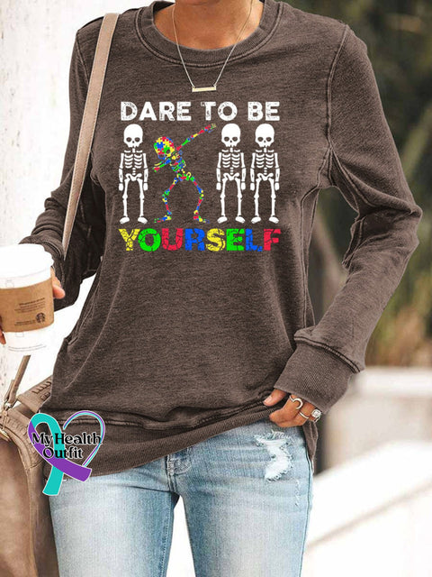 ’Dare To Be Yourself’ Autism Awareness Graphic Women’s Casual Sweatshirt Brown / S