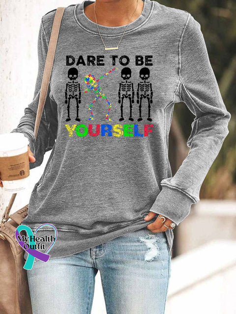 ’Dare To Be Yourself’ Autism Awareness Graphic Women’s Casual Sweatshirt Grey / S