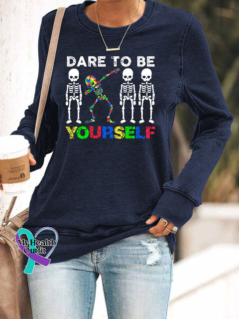 ’Dare To Be Yourself’ Autism Awareness Graphic Women’s Casual Sweatshirt Navy / S