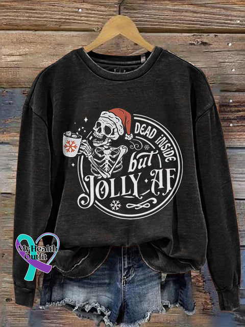 Dead Inside But Jolly Af Skeleton Christmas Print Casual Sweatshirt Black / S