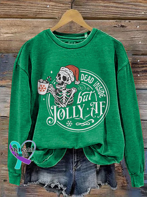 Dead Inside But Jolly Af Skeleton Christmas Print Casual Sweatshirt Green / S