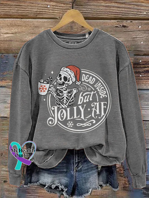 Dead Inside But Jolly Af Skeleton Christmas Print Casual Sweatshirt Grey / S