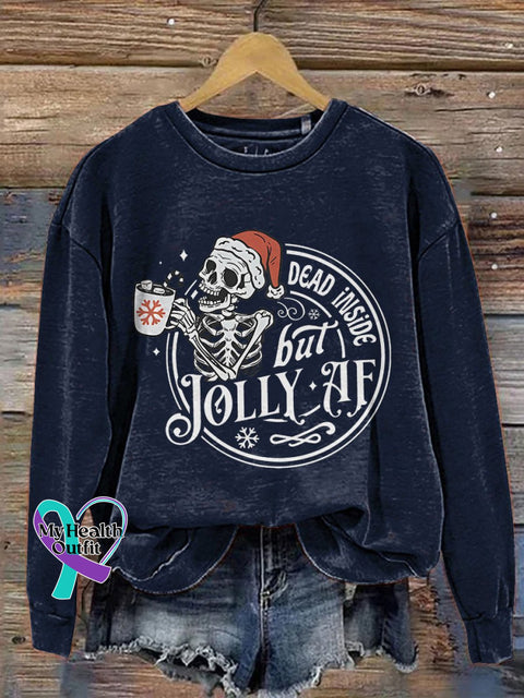 Dead Inside But Jolly Af Skeleton Christmas Print Casual Sweatshirt Navyblue / S