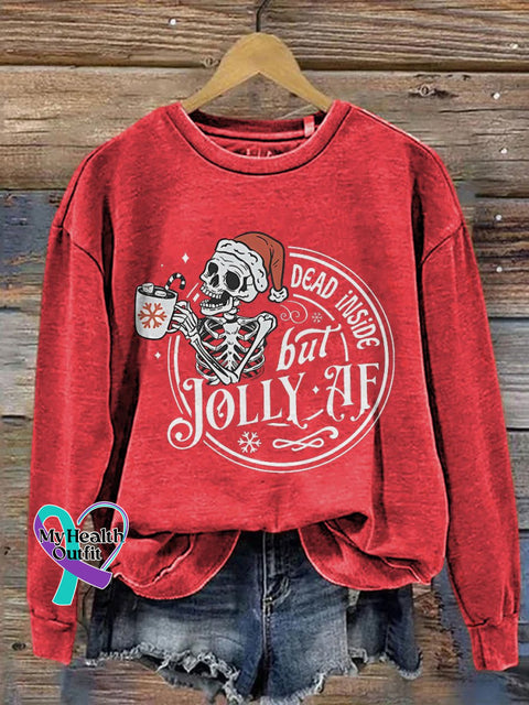 Dead Inside But Jolly Af Skeleton Christmas Print Casual Sweatshirt Red / S