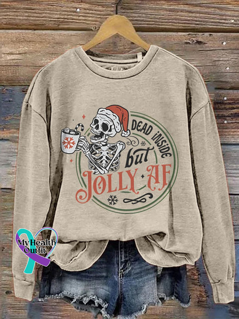 Dead Inside But Jolly Af Skeleton Christmas Print Casual Sweatshirt Sand / S