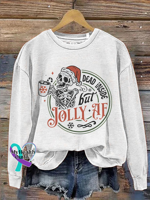 Dead Inside But Jolly Af Skeleton Christmas Print Casual Sweatshirt White / S
