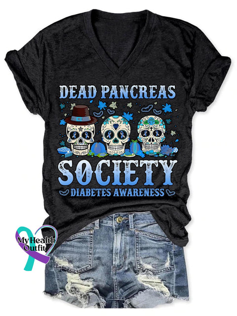 Dead Pancreas Society Diabetes Awareness Art Print V-Neck Casual T-Shirt Black / S
