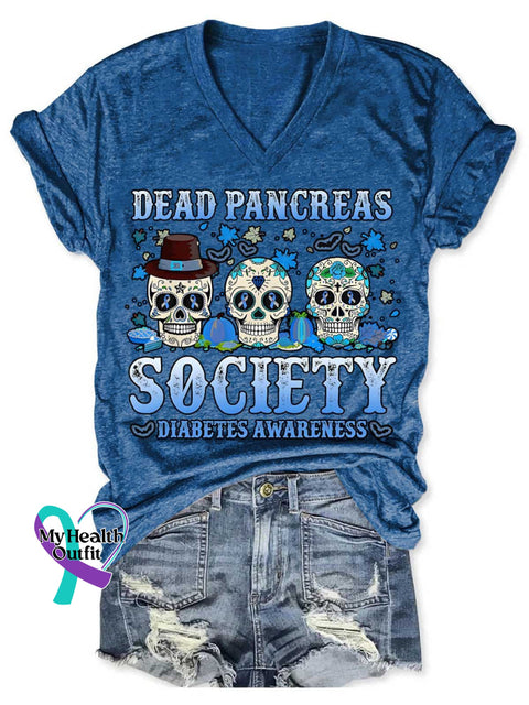 Dead Pancreas Society Diabetes Awareness Art Print V-Neck Casual T-Shirt Blue / S