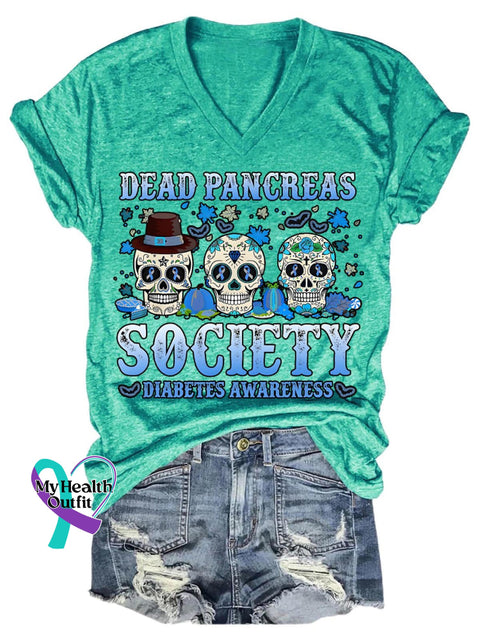 Dead Pancreas Society Diabetes Awareness Art Print V-Neck Casual T-Shirt Green / S