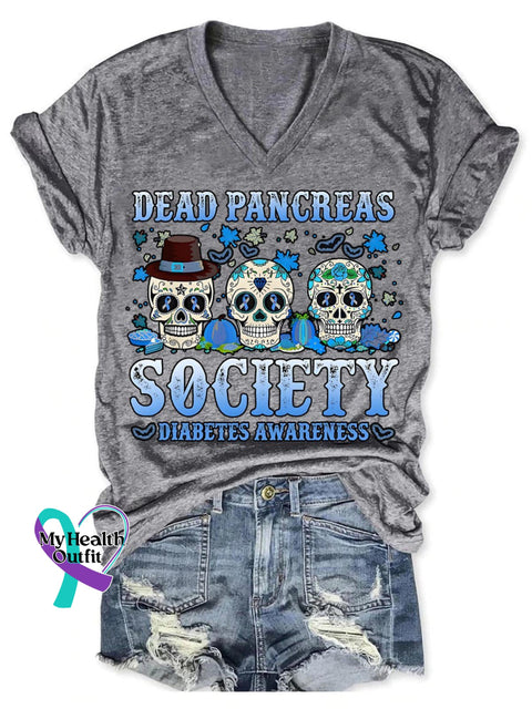 Dead Pancreas Society Diabetes Awareness Art Print V-Neck Casual T-Shirt Grey / S