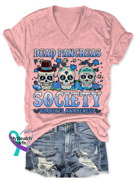 Dead Pancreas Society Diabetes Awareness Art Print V-Neck Casual T-Shirt Pink / S