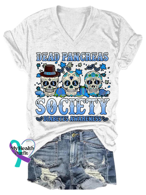 Dead Pancreas Society Diabetes Awareness Art Print V-Neck Casual T-Shirt White / S