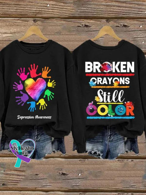 Depression Awareness Broken Crayons Still Color Print Pattern Casual Sweatshirt Black / S
