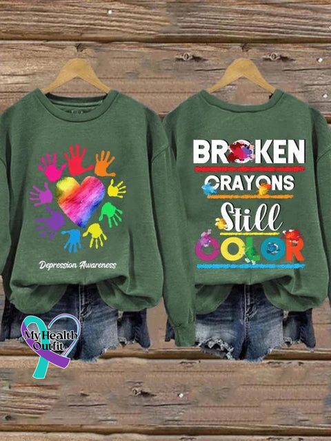 Depression Awareness Broken Crayons Still Color Print Pattern Casual Sweatshirt Green / S