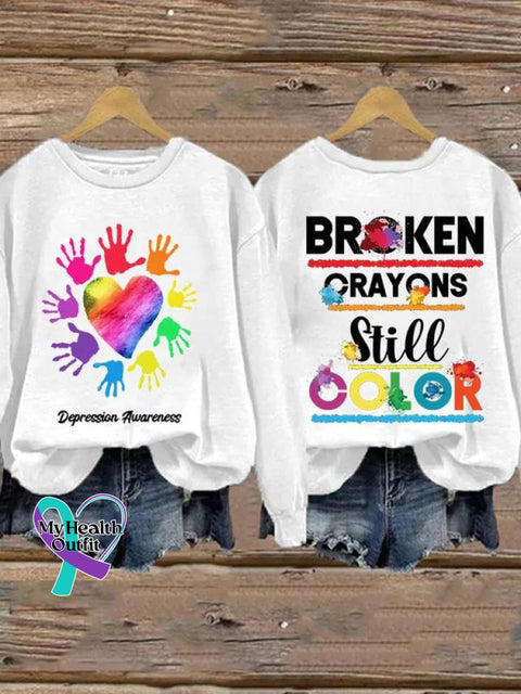 Depression Awareness Broken Crayons Still Color Print Pattern Casual Sweatshirt White / S