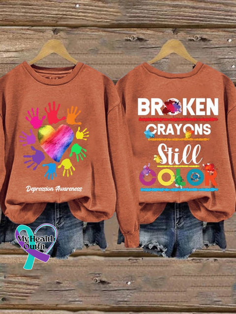 Depression Awareness Broken Crayons Still Color Print Sweatshirt Orange / S