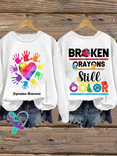 Depression Awareness Broken Crayons Still Color Print Sweatshirt White / S