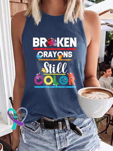 Depression Awareness Suicidie Prevention Broken Crayons Still Color Print Tank Top Blue / S
