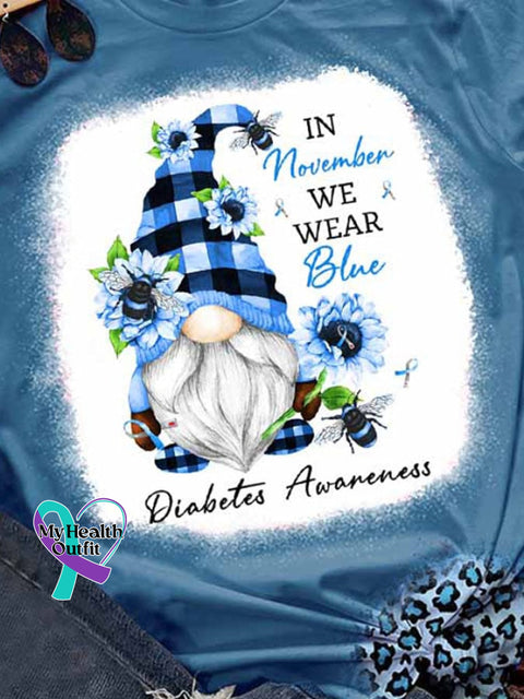 Diabetes Awarenes In November We Wear Blue Gnome Sunflower Print T-Shirt