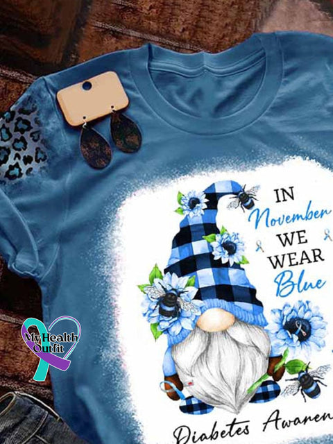 Diabetes Awarenes In November We Wear Blue Gnome Sunflower Print T-Shirt