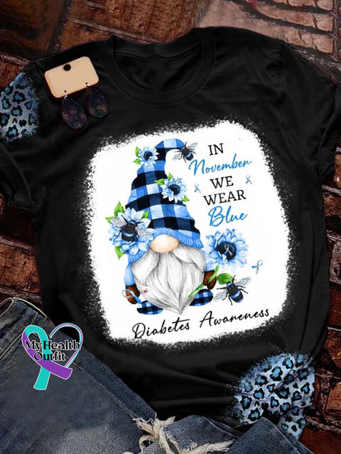 Diabetes Awarenes In November We Wear Blue Gnome Sunflower Print T-Shirt Black / S