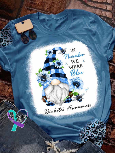 Diabetes Awarenes In November We Wear Blue Gnome Sunflower Print T-Shirt / S