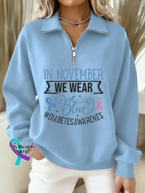 Diabetes Awareness Art Casual Long Sleeve Zip Sweatshirt Blue / S