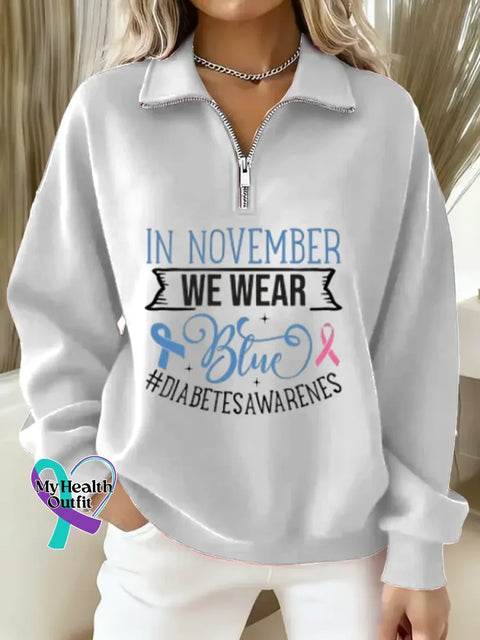 Diabetes Awareness Art Casual Long Sleeve Zip Sweatshirt White / S